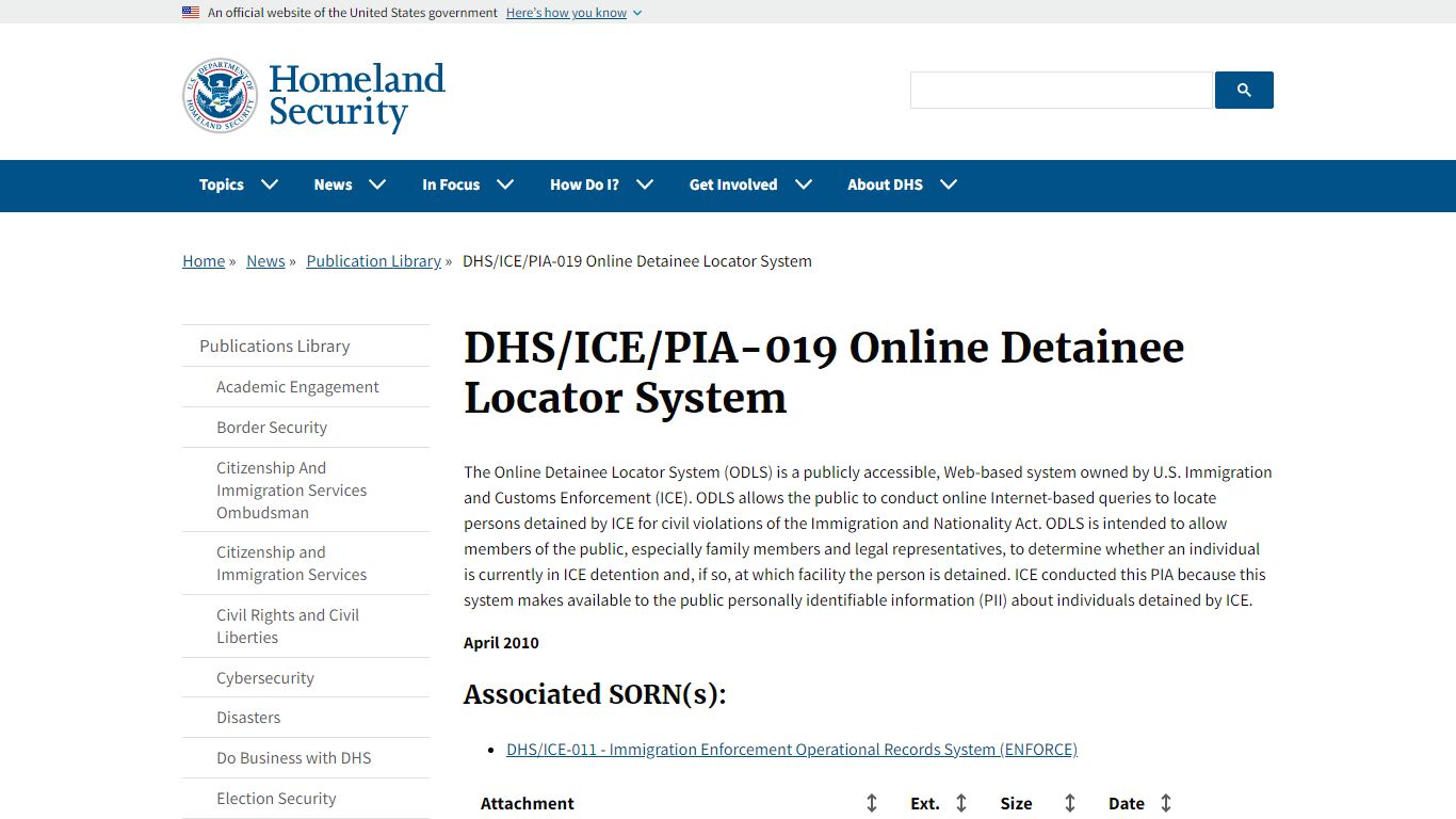 DHS/ICE/PIA-019 Online Detainee Locator System